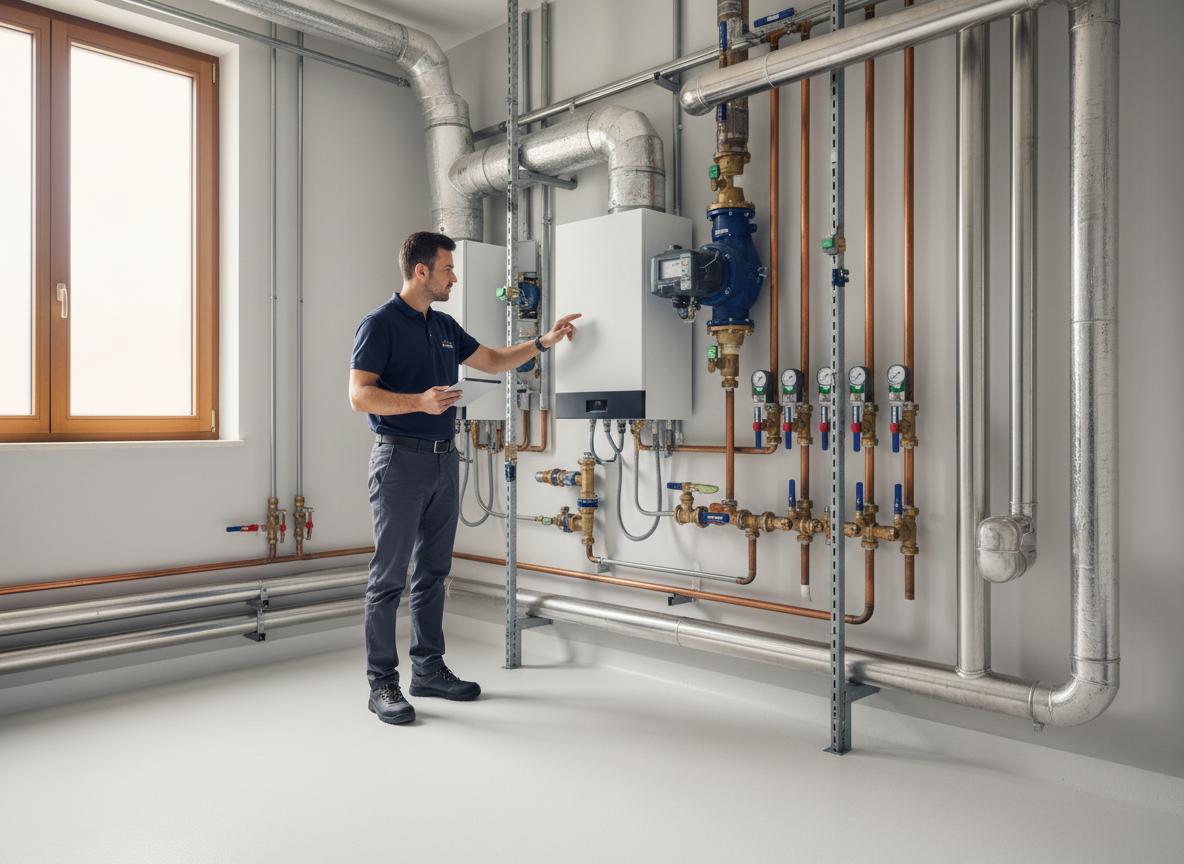 Fotografia professionale e accattivante per il hero di un'azienda italiana di termoidraulica: tecnico qualificato con abbigliamento da lavoro elegante che controlla un moderno impianto HVAC e idraulico in un ambiente tecnico pulito e luminoso, dettagli di tubazioni e componenti ordinati, atmosfera affidabile e premium, colori naturali, composizione ampia con spazio libero per il testo, nessun logo, nessuna scritta, stile fotografico realistico.